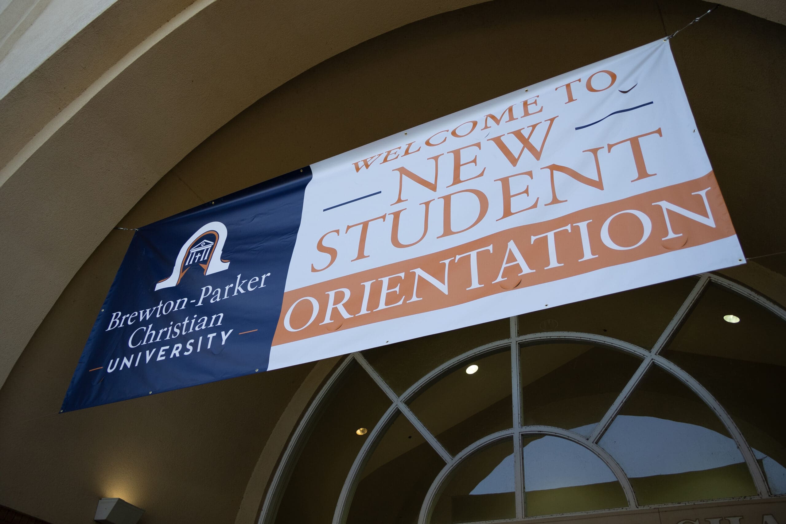 Brewton-Parker Christian University Move-In Day welcome banner for New Student Orientation displayed outside the Saliba Building in Mount Vernon, Georgia.